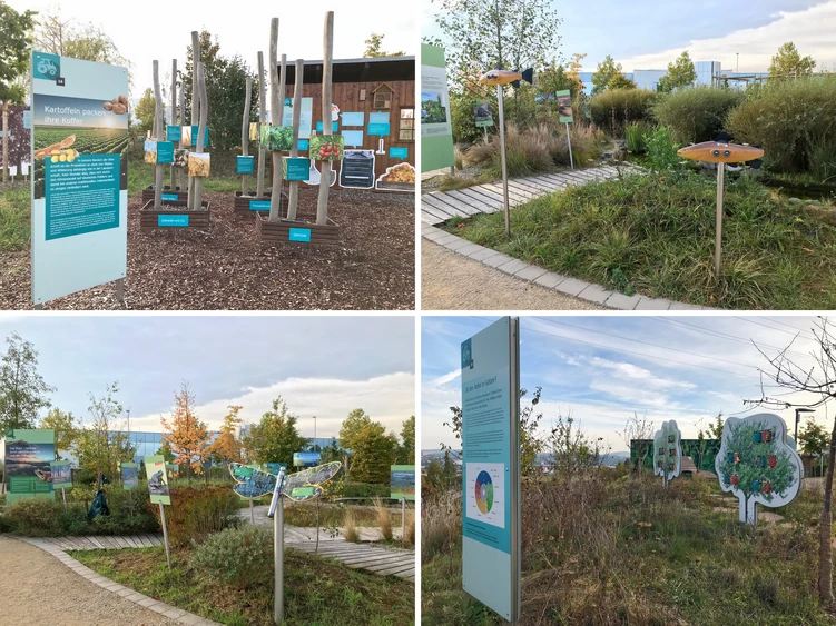 Eine Collage zeigt verschiedene Stationen der KLIMA ARENA im Themenpark.